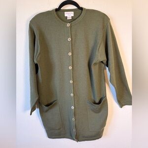 Doncaster Merino Wool Long Cardigan—Olive Green—Size Large